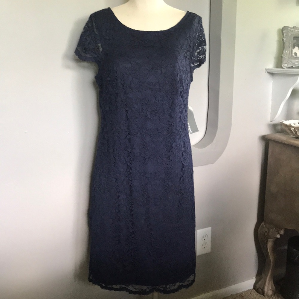 Navy lace capped sleeve dress